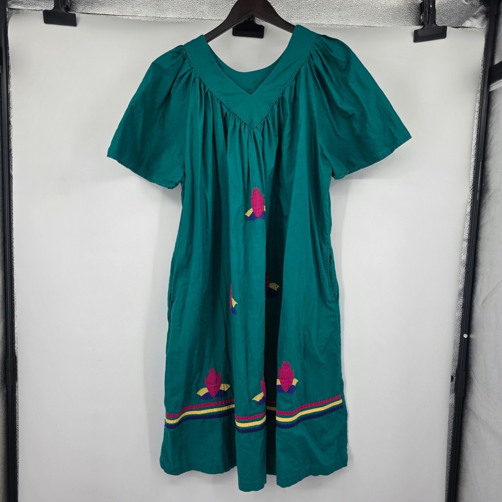 Naqui New York Vintage Teal Cotton Embroidered Muumuu Dress XL Pockets